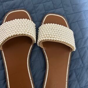 INC International Concepts Cream and Brown Sandals with Woven Band